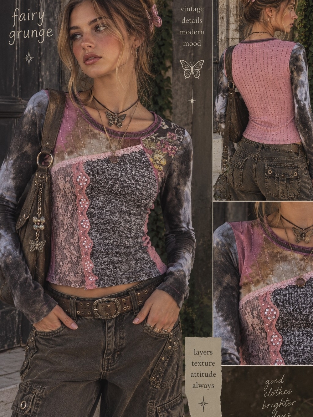Vanilla Star Pink Patchwork Fairy Grunge Long Sleeve Top